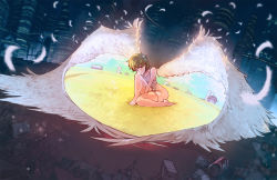 Rule 34 | 1990s (style), 1girl, angel wings, armor, bare shoulders, barefoot, brown hair, building, can, city, city lights, cityscape, cyberpunk, dress, drink can, dutch angle, farm, feathered wings, feathers, field, full body, heart, highres, japanese armor, kneeling, on your mark, outdoors, purple eyes, retro artstyle, rtil, short dress, short hair, skyscraper, soda can, solo, white wings, wings