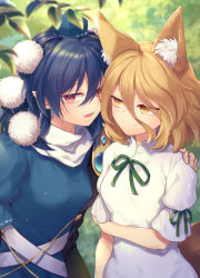Rule 34 | 2girls, animal ear fluff, animal ears, armor, black coat, blonde hair, blue hair, breasts, coat, commentary request, eyes visible through hair, fox ears, fox tail, gem, hair between eyes, hand on another&#039;s shoulder, hand on own arm, hat, highres, iizunamaru megumu, jumpsuit, kudamaki tsukasa, large breasts, leaf, long hair, looking at viewer, multiple girls, open mouth, pauldrons, pointy ears, pom pom (clothes), puffy sleeves, red eyes, short hair, shoulder armor, single pauldron, sleeveless, sleeveless coat, small breasts, tail, tokin hat, tomobe kinuko, touhou, turtleneck, upper body, whispering, white jumpsuit, yellow eyes