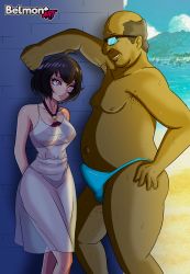 Rule 34 | 1boy, 1girl, absurdres, age difference, ahoge, arms behind back, bad source, balding, bare arms, bare shoulders, beach, belmont, bikini, bikini under clothes, blue male swimwear, blue swim briefs, breasts, cloud, day, eye contact, fat, fat man, fat man, feet out of frame, fire emblem, fire emblem awakening, glasses, highres, large breasts, looking at another, male swimwear, medium breasts, morgan (female) (fire emblem), morgan (fire emblem), mountainous horizon, nintendo, older man and younger girl, opaque glasses, outdoors, outie navel, picking up, pink eyes, revealing clothes, running bond, see-through, short hair, standing, swim briefs, swimsuit, thong, ugly man