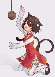 Rule 34 | 1girl, absurdres, animal ears, bow, brown eyes, brown hair, cat ears, cat tail, chen, grey background, highres, long sleeves, multiple tails, murasaki satori, nekomata, no headwear, open mouth, pantyhose, paw pose, shoes, short hair, solo, tail, touhou, two tails