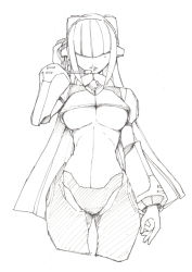 Rule 34 | 1girl, android, armor, blunt bangs, breasts, cowboy shot, hair over eyes, hand on headphones, headset, hip focus, large breasts, layer (mega man), long hair, mega man (series), mega man x8, mega man x (series), mole, mole under eye, monochrome, parted lips, simple background, sketch, solo, tsunemi aosa, underboob, very long hair, white background