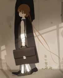 Rule 34 | 1girl, bright pupils, brown eyes, brown hair, brown skirt, collared shirt, doremi, from side, grey vest, holding, long hair, looking at viewer, looking to the side, original, outdoors, pants, pleated skirt, shirt, shoes, skirt, socks, solo focus, standing, suitcase, twintails, very long hair, vest, white legwear, white shirt, wing collar