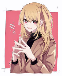 Rule 34 | 1girl, absurdres, black sweater, blonde hair, blush, brown jacket, commentary request, fangs, highres, hoshino ruby, jacket, long hair, nuruponnu, one side up, oshi no ko, pink eyes, sidelocks, solo, sparkle, star-shaped pupils, star (symbol), sweater, symbol-shaped pupils, turtleneck, turtleneck sweater
