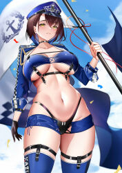 Rule 34 | 1girl, absurdres, arm at side, azur lane, baltimore (azur lane), baltimore (finish line flagbearer) (azur lane), belt, bikini, black belt, black bikini, black choker, black gloves, blue bikini, blue hat, blue jacket, blue shorts, blue sky, blue thighhighs, blush, braid, breasts, brown hair, checkered clothes, chest harness, choker, cloud, collarbone, commentary request, confetti, copyright name, cowboy shot, cropped jacket, crown braid, day, flag, gloves, groin, hair behind ear, hair between eyes, hand up, harness, hat, highleg, highleg bikini, highres, holding, holding flag, holding pole, jacket, large breasts, linea alba, long sleeves, looking at viewer, looking down, mcic0, micro shorts, mismatched bikini, navel, official alternate costume, outdoors, parted lips, peaked cap, pole, race queen, revision, short hair, shorts, sidelocks, single glove, sky, solo, stomach, swimsuit, text print, thigh strap, thighhighs, thighs, thong bikini, underboob, yellow eyes