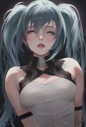Rule 34 | 1girl, absurdres, aqua hair, armband, bani-lizo, bare shoulders, black background, blue eyes, blurry, blush, breasts, cleavage, depth of field, eyelashes, eyeshadow, hair between eyes, hatsune miku, highres, lace trim, lipstick, long hair, looking at viewer, makeup, making-of available, medium breasts, parted lips, red lips, shirt, signature, simple background, skindentation, sleeveless, solo, twintails, upper body, vocaloid, white shirt