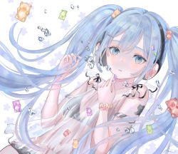 Rule 34 | 1girl, arm tattoo, bikini, blouse, blue eyes, blue hair, bubble, candy, candy hair ornament, commentary, eyelashes, food, food-themed hair ornament, frilled shirt, frills, gummy bear, hair ornament, hatsune miku, headphones, highres, holding, holding food, jelly bean, leaning back, long hair, looking at viewer, powa (36iii), see-through, see-through shirt, shirt, signature, simple background, sleeveless, sleeveless shirt, solo, swimsuit, tattoo, twintails, upper body, vocaloid, white background, white bikini