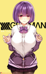 Rule 34 | 10s, 1girl, breasts, gridman universe, highres, jacket, large breasts, light smile, looking at viewer, pantyhose, purple hair, raised eyebrows, red eyes, ribbon, shinjou akane, short hair, simple background, skirt, solo, ssss.gridman, sumisumii, yellow background