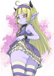 Rule 34 | &gt;:(, 1girl, absurdres, ahoge, ass, black choker, black horns, black wristband, blonde hair, blunt bangs, center frills, choker, closed mouth, clothes lift, colored skin, dragon quest, dragon quest x, dress, dress lift, eyelashes, frilled dress, frilled wristband, frills, frown, grey ribbon, hairband, highres, hime cut, horns, legs together, lifted by self, long hair, muramasa mikado, official style, orange eyes, pointy ears, purple dress, purple hairband, purple skin, ribbon choker, rinverry, solo, standing, straight hair, striped clothes, striped thighhighs, thighhighs, thighs, toriyama akira (style), v-shaped eyebrows, wristband