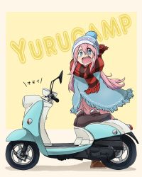 Rule 34 | 1girl, aono3, beanie, border, copyright name, gloves, hat, highres, jacket, kagamihara nadeshiko, long hair, motor vehicle, open mouth, pink hair, scarf, scooter, simple background, smile, solo, white border, yellow background, yurucamp