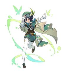Rule 34 | 1boy, aqua eyes, bard, beret, black hair, blue hair, blush, braid, brooch, brown footwear, bug, butterfly, cape, collared cape, corset, flower, frilled sleeves, frills, full body, genshin impact, gradient hair, green cape, green hat, green shorts, hat, hat flower, highres, insect, jewelry, juliet sleeves, loafers, long sleeves, male focus, multicolored hair, one eye closed, pantyhose, puffy sleeves, shao (shaorouhong), shirt, shoes, short hair with long locks, shorts, smile, solo, twin braids, venti (genshin impact), white background, white flower, white pantyhose, white shirt