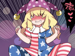 Rule 34 | 1girl, american flag dress, american flag legwear, bad id, bad pixiv id, blonde hair, blush, clenched teeth, clownpiece, emphasis lines, eyes visible through hair, hammer (sunset beach), hat, heart, implied sex, jester cap, long hair, nose blush, pantyhose, solo, spoken heart, spread legs, striped clothes, striped pantyhose, teeth, touhou, translation request