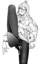 Rule 34 | 1girl, bad id, bad pixiv id, breasts, choker, earrings, fate/grand order, fate (series), formal, glasses, gloves, greyscale, hand on own hip, hat, high heels, iwamoto eiri, jewelry, koyanskaya (fate), leg lift, long hair, looking at viewer, looking down, monochrome, navel, open mouth, pantyhose, ribbon choker, skirt, sleeve cuffs, smile, solo, suit, very long hair