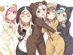Rule 34 | 10s, 5girls, :3, :d, ;), = =, ^ ^, animal costume, aqua hair, bandaged ear, bang dream!, blonde hair, blue eyes, blush, braid, brown hair, cat costume, clenched hand, closed eyes, commentary request, cosplay, dog costume, eyepatch, far is a, green eyes, grin, hand on own chest, highres, hikawa hina, hug, kigurumi, long sleeves, looking at viewer, maruyama aya, monkey costume, multiple girls, o o, one eye closed, open mouth, pastel palettes (bang dream!), paw pose, pink eyes, pink hair, rabbit costume, sheep costume, shirasagi chisato, short hair, side braids, simple background, smile, standing, tongue, v, wakamiya eve, white background, white hair, yamato maya