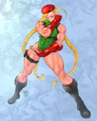 Rule 34 | a.b.singh, abs, blonde hair, blue eyes, boots, braid, breasts, cammy white, fingerless gloves, gloves, hat, highres, large breasts, leotard, long hair, muscular, muscular female, street fighter, very long hair