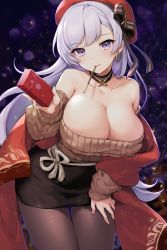 Rule 34 | 1girl, azur lane, bad id, bad twitter id, bare shoulders, belfast (azur lane), belfast (shopping with the head maid) (azur lane), beret, black bow, black choker, black skirt, blush, bow, box, breasts, brown pantyhose, brown sweater, choker, cleavage, collarbone, commentary request, cowboy shot, earrings, food, gomashio ponz, hand up, hat, hat bow, head tilt, highres, holding, holding box, hoop earrings, jewelry, large breasts, leaning forward, light particles, long hair, long sleeves, looking at viewer, miniskirt, mouth hold, off-shoulder sweater, off shoulder, pantyhose, pencil skirt, pocky, purple eyes, red hat, sash, shawl, silver hair, skirt, smile, solo, standing, sweater, thighs, very long hair, white sash