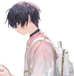 Rule 34 | 1boy, backpack, bag, bandaid, bandaid on cheek, bandaid on face, bandaid on hand, black hair, chyoel, closed eyes, fingernails, from side, highres, indie utaite, male focus, original, parted lips, profile, simple background, solo, upper body, utaite, white background, white bag