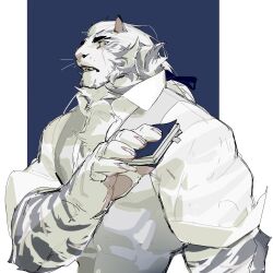 Rule 34 | 1boy, arknights, bara, book, furry, furry male, highres, holding, holding book, looking at viewer, male focus, mountain (arknights), mountain (book reader) (arknights), multiple scars, scar, shirt, simple background, tiger, tiger boy, white shirt, wincalblanke