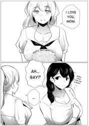 Rule 34 | ..., 2girls, 2koma, blush, border, breasts, cleavage, collarbone, comic, confession, english text, flower, greyscale, hair between eyes, large breasts, long hair, looking to the side, mature female, meow7tail, misunderstanding, monochrome, mother&#039;s day, mother and daughter, multiple girls, open mouth, original, ponytail, pov, rejection, short sleeves, simple background, speech bubble, spoken ellipsis, straight-on, sweat, sweatdrop, upper body, white background, yuri