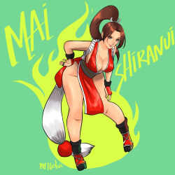 Rule 34 | 1girl, bare shoulders, breasts, brown eyes, brown hair, cleavage, fatal fury, helsic, highres, large breasts, long hair, ninja, pelvic curtain, ponytail, shiranui mai, sleeveless, the king of fighters, wide hips