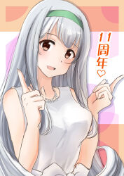 Rule 34 | 1girl, anniversary, brown eyes, commentary request, dress, fd (fd sanmaru), green hairband, grey hair, hairband, highres, index fingers raised, jewelry, kantai collection, long hair, necklace, pearl necklace, shoukaku (kancolle), smile, solo, upper body, white dress