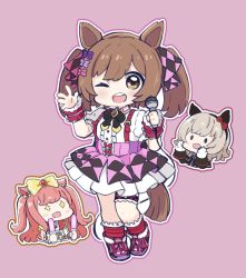 Rule 34 | + +, 3girls, :d, ;d, agnes digital (umamusume), animal ears, black bow, black jacket, blush, bow, brown eyes, brown hair, center frills, chibi, collared shirt, commentary request, cropped torso, curren chan (umamusume), dress, ear bow, frilled legwear, frills, gloves, glowstick, grey hair, hair bow, hands up, highres, holding, holding microphone, horse ears, horse girl, horse tail, jacket, long hair, long sleeves, looking at viewer, microphone, multiple girls, nozo (hitomiz), off-shoulder jacket, off shoulder, one eye closed, open mouth, outline, pink background, pink bow, pink hair, pink skirt, pleated skirt, puffy short sleeves, puffy sleeves, purple bow, purple footwear, red bow, red legwear, shirt, shoes, short sleeves, skirt, sleeveless, sleeveless shirt, sleeves past wrists, smart falcon (umamusume), smile, socks, solid oval eyes, striped clothes, striped dress, striped legwear, striped socks, suspender skirt, suspenders, tail, teeth, twintails, two side up, umamusume, upper body, upper teeth only, vertical-striped clothes, vertical-striped dress, white gloves, white outline, white shirt, wrist cuffs, yellow bow