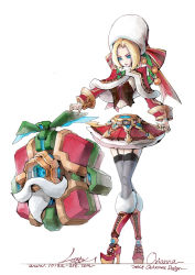Rule 34 | 1girl, android, blonde hair, blue eyes, boots, bow, breasts, christmas, female focus, full body, garter straps, high heel boots, high heels, highres, jacket, league of legends, lipstick, loiza, makeup, orianna (league of legends), red heels, ribbon, simple background, skirt, solo, standing, thighhighs, white background