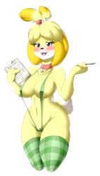 Rule 34 | 1girl, 2015, absurdres, animal crossing, animal ears, bare shoulders, bell, bikini, blonde hair, blush, breasts, brown eyes, cameltoe, clipboard, collar, collarbone, dated, dog ears, dog tail, female focus, furry, furry female, green bikini, green thighhighs, hair bell, hair ornament, half-closed eyes, hands up, highres, isabelle (animal crossing), itsuko103, large breasts, looking at viewer, navel, nintendo, open mouth, pen, plaid, short hair, signature, simple background, slingshot swimsuit, smile, solo, standing, swimsuit, tail, teeth, text focus, thighhighs, white background