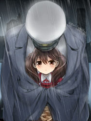 Rule 34 | 10s, 1boy, 1girl, admiral (kancolle), blush, brown eyes, brown hair, covering privates, crossed fingers, faceless, hat, interlocked fingers, jacket, jacket on shoulders, japanese clothes, kantai collection, kariginu, magatama, military, military uniform, naval uniform, peaked cap, primary stage, rain, raincoat, ryuujou (kancolle), shared clothes, shared coat, twintails, twitter username, uniform