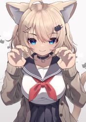Rule 34 | 1girl, absurdres, ahoge, animal ear fluff, animal ears, black choker, black sailor collar, black skirt, blue eyes, blush, breasts, brown hair, cat day, cat ears, cat girl, cat hair ornament, cat tail, choker, claw pose, closed mouth, collarbone, grey background, hair between eyes, hair ornament, hairclip, hands up, highres, hinata (user rjkt4745), long sleeves, looking at viewer, medium breasts, neckerchief, original, pleated skirt, red neckerchief, sailor collar, school uniform, serafuku, shirt, simple background, skirt, sleeves past wrists, smile, solo, tail, two side up, white shirt