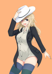 Rule 34 | 1girl, absurdres, black jacket, blue eyes, brave witches, commission, grey shirt, hair between eyes, highres, isosceles triangle (xyzxyzxyz), jacket, long hair, looking at viewer, nora taylor, orange background, panties, pixiv commission, shirt, skindentation, smile, solo, strike witches, striped clothes, striped thighhighs, thighhighs, thighs, underwear, very long hair, white headwear, white panties, world witches series