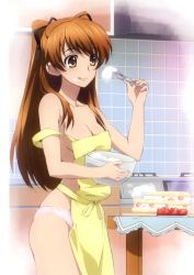 Rule 34 | 10s, 1girl, :q, absurdres, apron, bare arms, bare shoulders, bowl, breasts, brown hair, cake, cleavage, collarbone, cream, cream on face, female focus, food, food on face, fruit, highres, kitchen, licking lips, naked apron, nearly naked apron, neck, no bra, off shoulder, official art, ogiso setsuna, panties, solo, standing, strap slip, strawberry, strawberry shortcake, table, tile wall, tiles, tongue, tongue out, two side up, underwear, whisk, white album (series), white album 2, white panties, yellow eyes