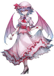 Rule 34 | 1girl, 33 gaff, ascot, bat wings, black footwear, commentary, frilled skirt, frills, full body, hat, high heels, highres, looking at viewer, purple hair, red ascot, red eyes, remilia scarlet, shirt, short hair, short sleeves, simple background, skirt, solo, standing, touhou, white background, white hat, white shirt, white skirt, wings
