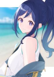 Rule 34 | 1girl, artist name, artist request, beach, blue hair, blue jacket, blue sky, blush, breasts, close-up, cloud, day, female focus, from behind, hair between eyes, high ponytail, highres, jacket, unworn jacket, long hair, looking at viewer, looking back, love live!, love live! sunshine!!, matsuura kanan, medium breasts, outdoors, parted lips, ponytail, purple eyes, shirt, sideboob, sky, smile, solo, upper body, white shirt