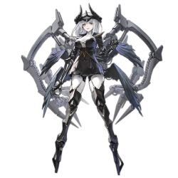 Rule 34 | 1girl, artist request, black dress, black horns, black tiara, black wings, blue hair, breasts, claws, cleavage, colored skin, colored tips, dress, extra arms, eyeshadow, full body, girls&#039; frontline, horns, large breasts, looking at viewer, low wings, makeup, mechanical arms, mechanical legs, morridow (boss) (girls&#039; frontline), morridow (girls&#039; frontline), multicolored hair, multiple wings, official alternate costume, official art, pale skin, paradeus, parted lips, pointy ears, prosthesis, prosthetic arm, red eyeshadow, shoulder spikes, simple background, smile, solo, spikes, spoilers, tiara, torn clothes, torn sleeves, transparent background, white hair, white skin, wings, yellow eyes