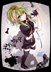 Rule 34 | 1girl, black thighhighs, board game, chess, goggles, goggles on head, green eyes, green hair, gumi, hatsuko, looking at viewer, looking up, matching hair/eyes, short hair, shorts, solo, song name, thighhighs, vocaloid