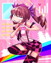 Rule 34 | adapted costume, architecture, arm belt, bare arms, black neckwear, black thighhighs, blush, brown hair, constricted pupils, dress shirt, east asian architecture, garter straps, geta, hair tie, hat, heart, heart hands, himekaidou hatate, looking at viewer, nail polish, phone, pink pupils, plaid, plaid shorts, rainbow order, sharp teeth, shimizu pem, shirt, shirt tucked in, short hair with long locks, short shorts, shorts, signal bar, sleeveless, solo, standing, standing on one leg, suspenders, teeth, tengu-geta, thighhighs, tokin hat, touhou, twintails