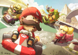 Rule 34 | 1girl, 3boys, blonde hair, blue sky, bowser, chamba, chibi, cloud, collaboration, day, driving, facial hair, food, fruit, grin, holding, kart, looking back, mario, mario (series), mario kart, mario kart wii, motor vehicle, motorcycle, mountain, multiple boys, mustache, nintendo, nose, peach, perspective, princess, princess peach, racing, ry-spirit, shell, signature, sky, smile, stubble, teeth, vehicle, wario