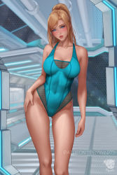 Rule 34 | 1girl, artist name, bare shoulders, blonde hair, blue eyes, blue one-piece swimsuit, blush, breasts, cleavage, collarbone, commentary, covered navel, head tilt, highres, lips, long hair, looking at viewer, medium breasts, metroid, mole, mole on body, mole on leg, mole under mouth, nintendo, one-piece swimsuit, parted lips, ponytail, prywinko, samus aran, simple background, solo, standing, swimsuit, thighs, watermark