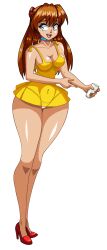Rule 34 | 1girl, absurdres, alcione makoto, alternate breast size, bare legs, blue eyes, breasts, cleavage, covered navel, dress, drink, highres, holding, holding drink, large breasts, legs, legs together, lips, neon genesis evangelion, no bra, orange hair, panties, see-through, see-through dress, short dress, smile, solo, souryuu asuka langley, sundress, thick thighs, thighs, underwear, white panties, wide hips, yellow dress