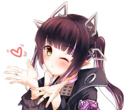 Rule 34 | 1girl, black hair, black jacket, black shirt, blouse, blowing kiss, blunt bangs, blush, breasts, cleavage, commentary request, dameyoshi, demon girl, demon horns, heart, heart print, highres, horns, jacket, jewelry, kojo anna, kojo anna (1st costume), long hair, long sleeves, looking at viewer, multicolored hair, nanashi inc., off shoulder, one eye closed, pink hair, pointy ears, print shirt, ring, see-through, see-through cleavage, see-through shirt, shirt, simple background, sleeveless, sleeveless shirt, solo, sugar lyric, twintails, two-tone hair, upper body, virtual youtuber, white background, yellow eyes, zipper