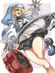 Rule 34 | !, 1boy, absurdres, bare legs, bike shorts, black gloves, black ribbon, blue jacket, blush, border, bridget (guilty gear), chain, character name, cuffs, dong hole, english text, fingerless gloves, gloves, green eyes, guilty gear, guilty gear strive, habit, hair between eyes, handcuffs, highres, hood, hood up, hooded jacket, jacket, leg up, long hair, long sleeves, looking at viewer, male focus, one eye closed, open mouth, oversized object, pleated skirt, pulled by self, ribbon, shorts, sidelocks, simple background, skirt, solo, standing, standing on one leg, trap, white border, yo-yo, zipper
