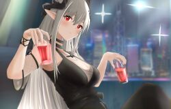 Rule 34 | 1girl, absurdres, arknights, black choker, black dress, breasts, choker, cleavage, commentary, cup, detached sleeves, dress, drinking glass, grey hair, highres, holding, holding cup, horns, large breasts, mudrock (arknights), mudrock (obsidian) (arknights), night, pointy ears, red eyes, short sleeves, sleeveless, sleeveless dress, solo, sora mame (princess 0sora), upper body