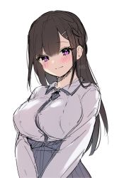 Rule 34 | 1girl, black hair, breasts, calm mashiro, collared shirt, hair between eyes, large breasts, long hair, original, purple eyes, shirt, simple background, smile, solo, upper body, white background