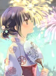 Rule 34 | 1girl, aerial fireworks, black hair, blurry, blurry background, blush, brown eyes, closed mouth, cloud, commentary request, day, depth of field, fingernails, fireworks, floral print, from side, hair ornament, hand fan, hand up, holding, holding fan, japanese clothes, kimono, kuga tsukasa, obi, original, paper fan, print kimono, profile, sash, sideways mouth, sky, solo, tears, uchiwa, white kimono, yukata
