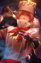 Rule 34 | 1boy, blonde hair, blood, bloody weapon, candle, chef, chef hat, cigarette, cleaver, covered mouth, dripping, fire, flat top chef hat, flipped hair, gloves, gregory horror show, hat, hell&#039;s chef (gregory horror show), high collar, highres, holding cleaver, looking at viewer, male focus, neckerchief, noko (meityoko73), parted bangs, red eyes, short hair, smoke, solo, wax, weapon