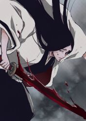 Rule 34 | 1girl, anno im, black hair, bleach, blood, bloody weapon, commentary request, cowboy shot, grey background, haori, holding, holding sword, holding weapon, japanese clothes, kimono, long hair, looking at viewer, solo, sword, unohana retsu, weapon