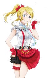 Rule 34 | 10s, 1girl, ayase eli, black bow, blonde hair, blue eyes, blue necktie, bokura wa ima no naka de, bow, cowboy shot, earrings, fingerless gloves, gloves, hair bow, high ponytail, jewelry, long hair, looking at viewer, love live!, love live! school idol project, navel, necktie, parted lips, red bow, red gloves, shiny skin, shirt, skirt, sleeveless, sleeveless shirt, solo, standing, striped, striped necktie, suspender skirt, suspenders, thigh strap, transparent background, white shirt