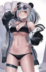 Rule 34 | 1girl, absurdres, animal ears, arknights, arm up, artist name, bare shoulders, bikini, black bikini, black hair, breasts, commentary, cowboy shot, dhokidoki, eyewear on head, feater (arknights), hair over one eye, hand on own hip, highres, jacket, large breasts, long hair, looking at viewer, multicolored hair, navel, off shoulder, open clothes, open jacket, orange eyes, panda ears, side-tie bikini bottom, signature, silver hair, solo, standing, stomach, streaked hair, sunglasses, swimsuit, thigh strap, thighs