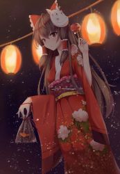 Rule 34 | 1girl, absurdres, bag, bow, brown eyes, brown hair, candy apple, commentary request, fish, floral print, food, goldfish, hair bow, hair tubes, hakurei reimu, highres, holding, holding food, japanese clothes, kimono, kuroneko (hmilk), long sleeves, looking at viewer, mask, parted lips, plastic bag, red bow, solo, touhou, wide sleeves