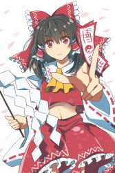 Rule 34 | 1girl, amulet, arm up, bare shoulders, bow, brown hair, closed mouth, collar, detached sleeves, eyes visible through hair, foreshortening, gohei, hair between eyes, hair tubes, hakurei reimu, hand up, highres, holding, long sleeves, looking at viewer, nayozane (worker7), petals, red bow, red eyes, red shirt, red skirt, shirt, short hair, skirt, solo, stomach, touhou, white background, white collar, white sleeves, wide sleeves, yellow neckwear